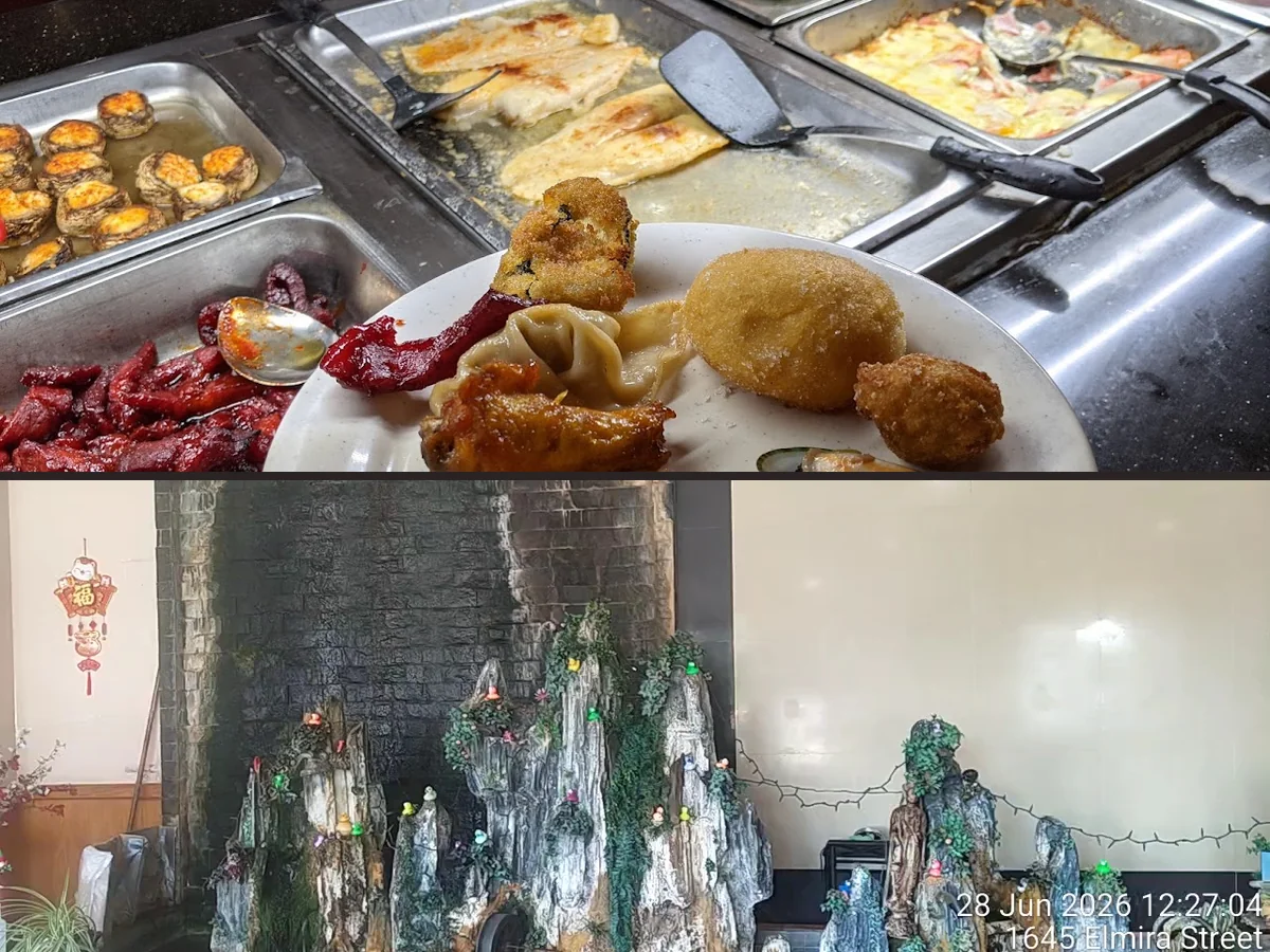 Buffet trays with Chinese dishes and sushi.