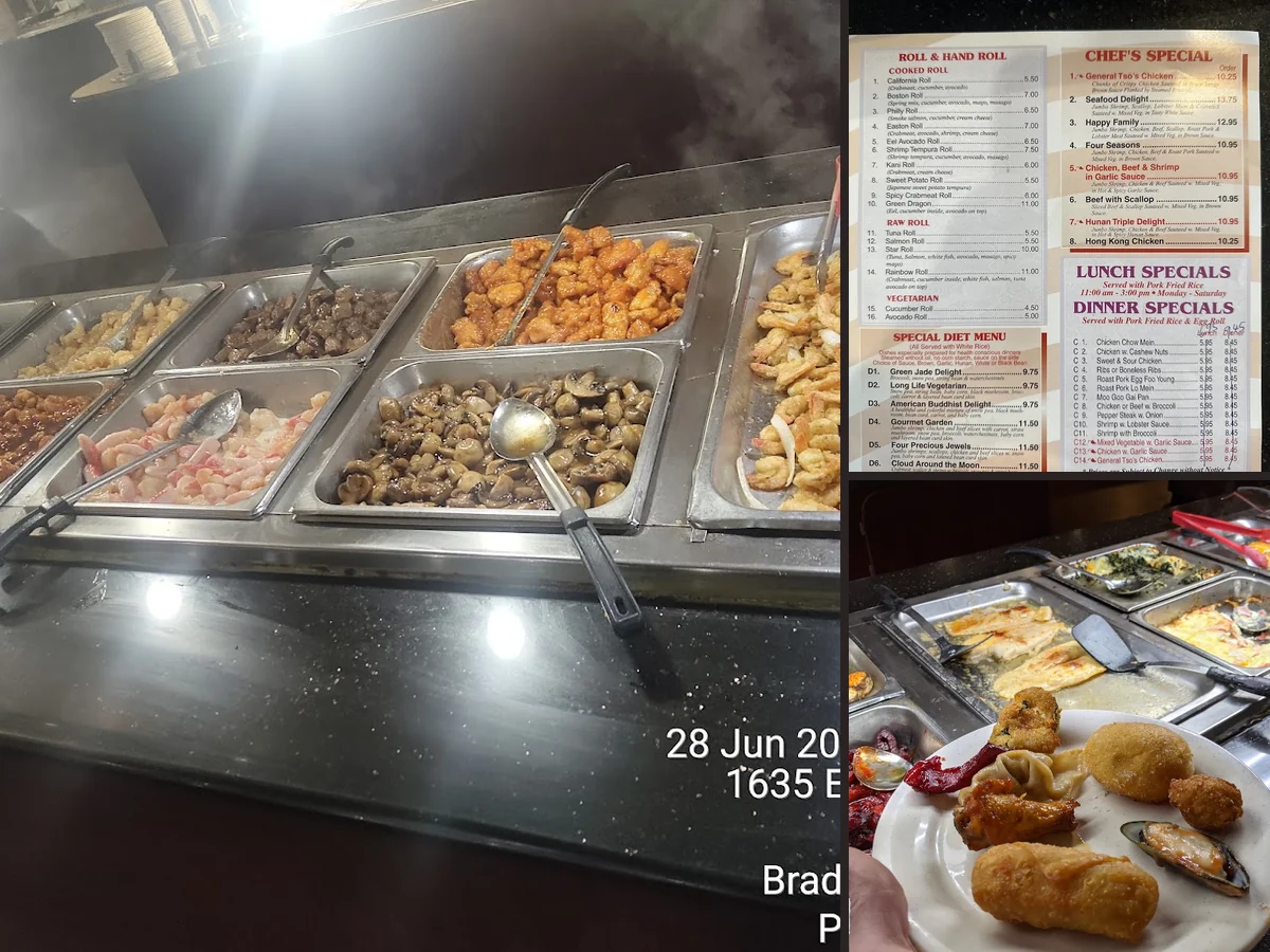 Buffet trays with Chinese dishes and sushi.